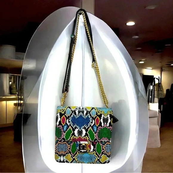 Handbags - Multi-Color Snakeskin Print Bag with Glam Gold Accents